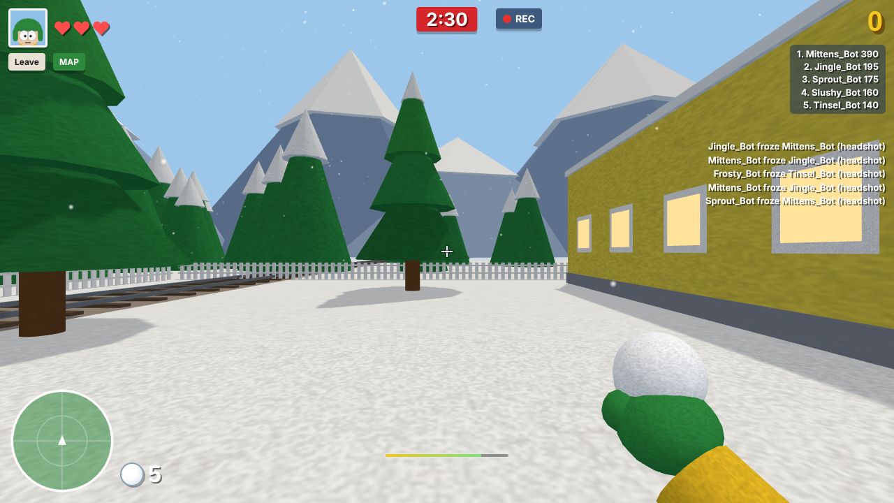 In-game view: a snowball fight in the snowy town, seen over your own mitten
