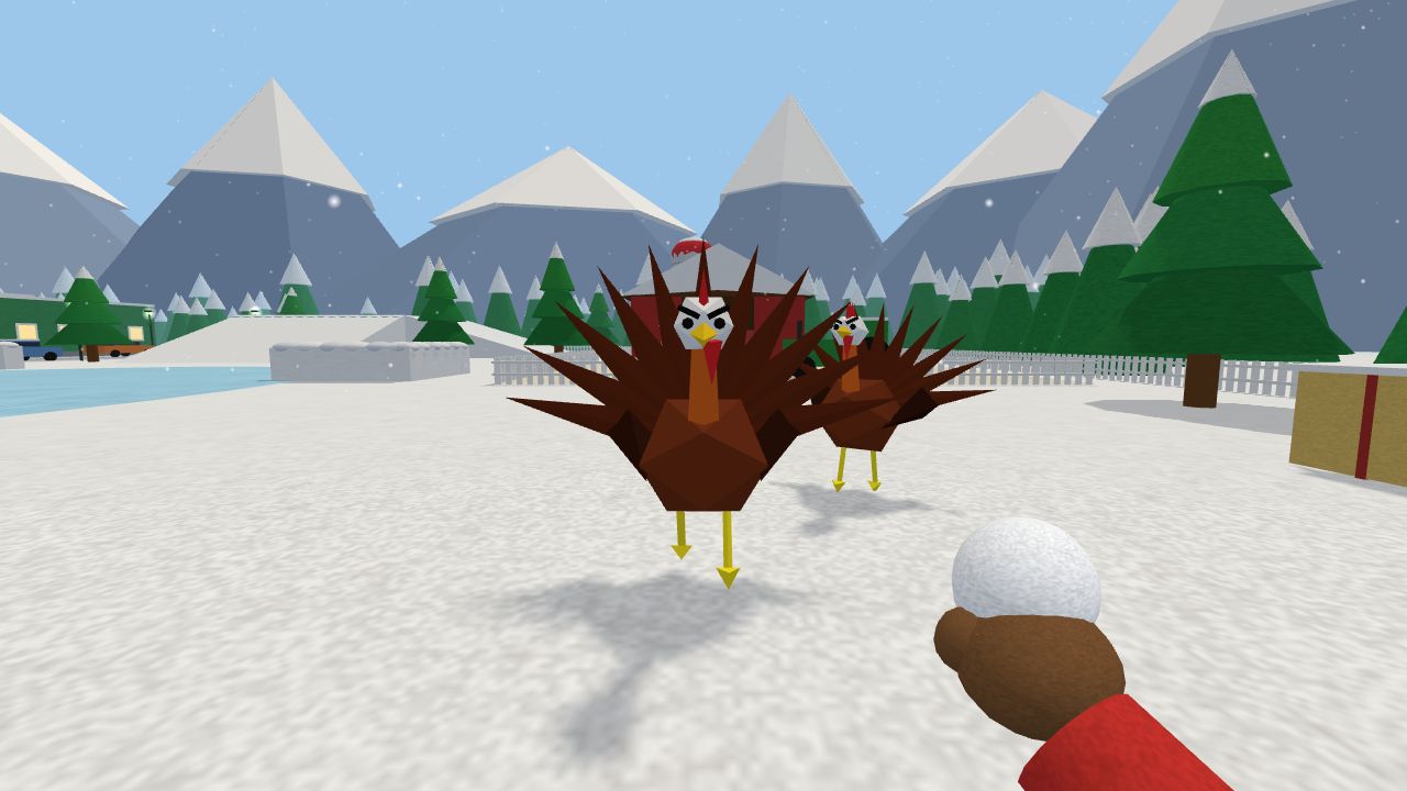 Wild turkeys wandering through the snowy town in-game