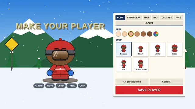 Character maker with a player in a green hat and face options