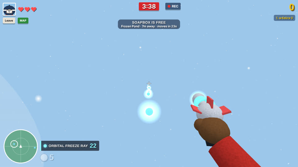 First-person view firing the Orbital Freeze Ray, a retro ray gun shooting glowing ice, with the Soapbox status at the top of the screen